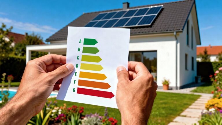 Étiquette DPE tenue devant une maison, la ventilation entre dans le calcul de la performance énergétique